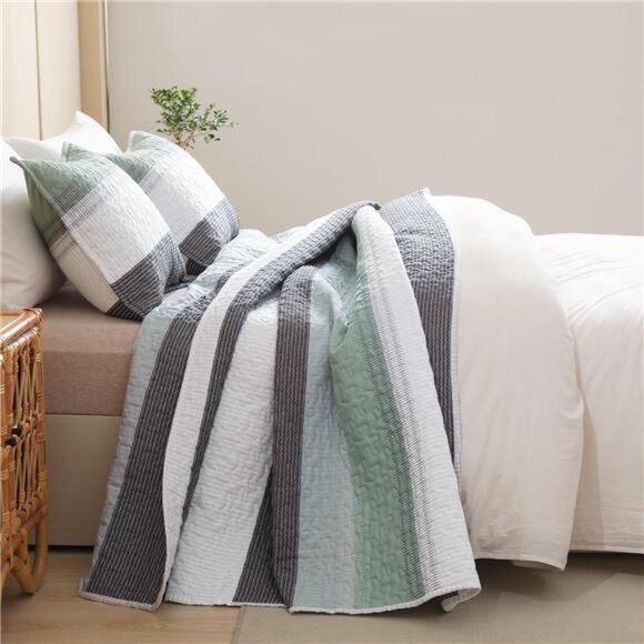 California King Quilt Set Sage Green - Cal King Oversized Stripe Comforter - Picture 10 of 16